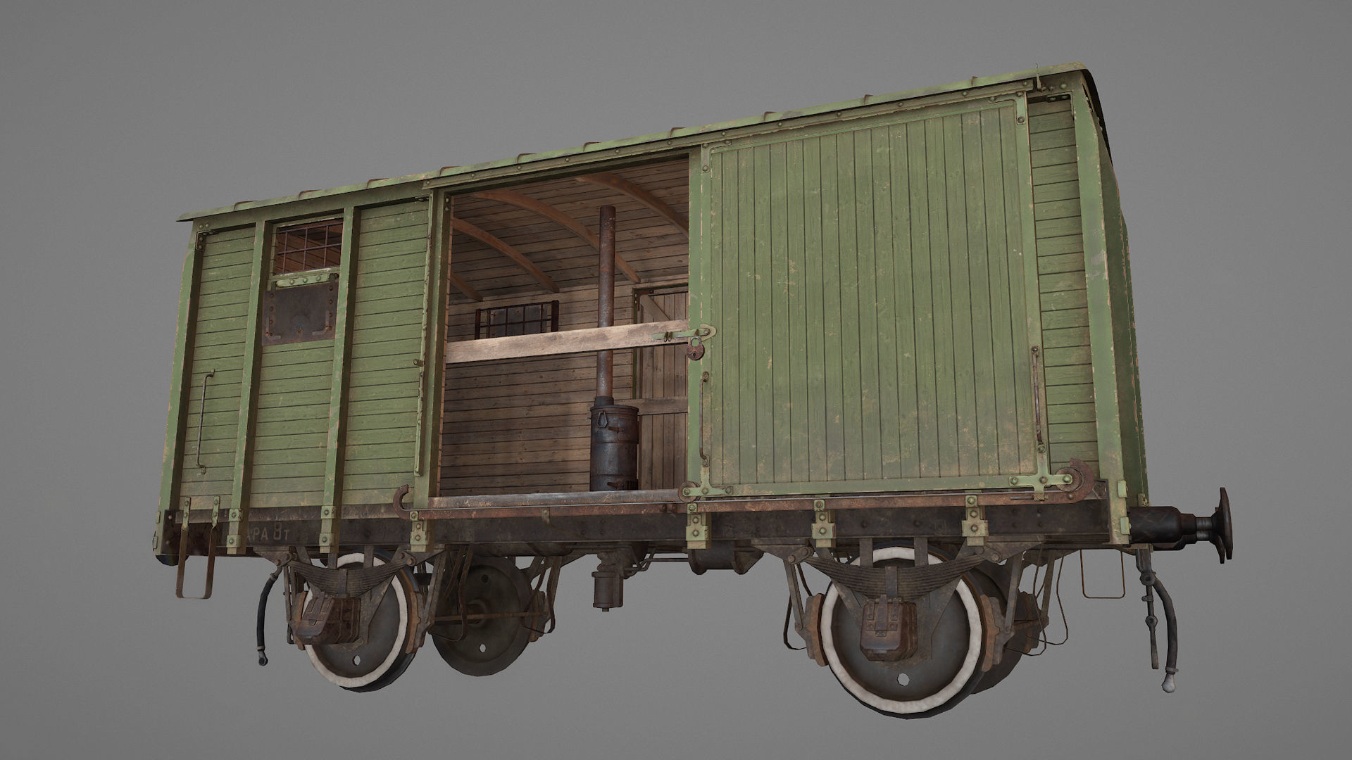 Railway Covered Goods Wagon 18T Vr2 Default Green Low-poly 3D model_12