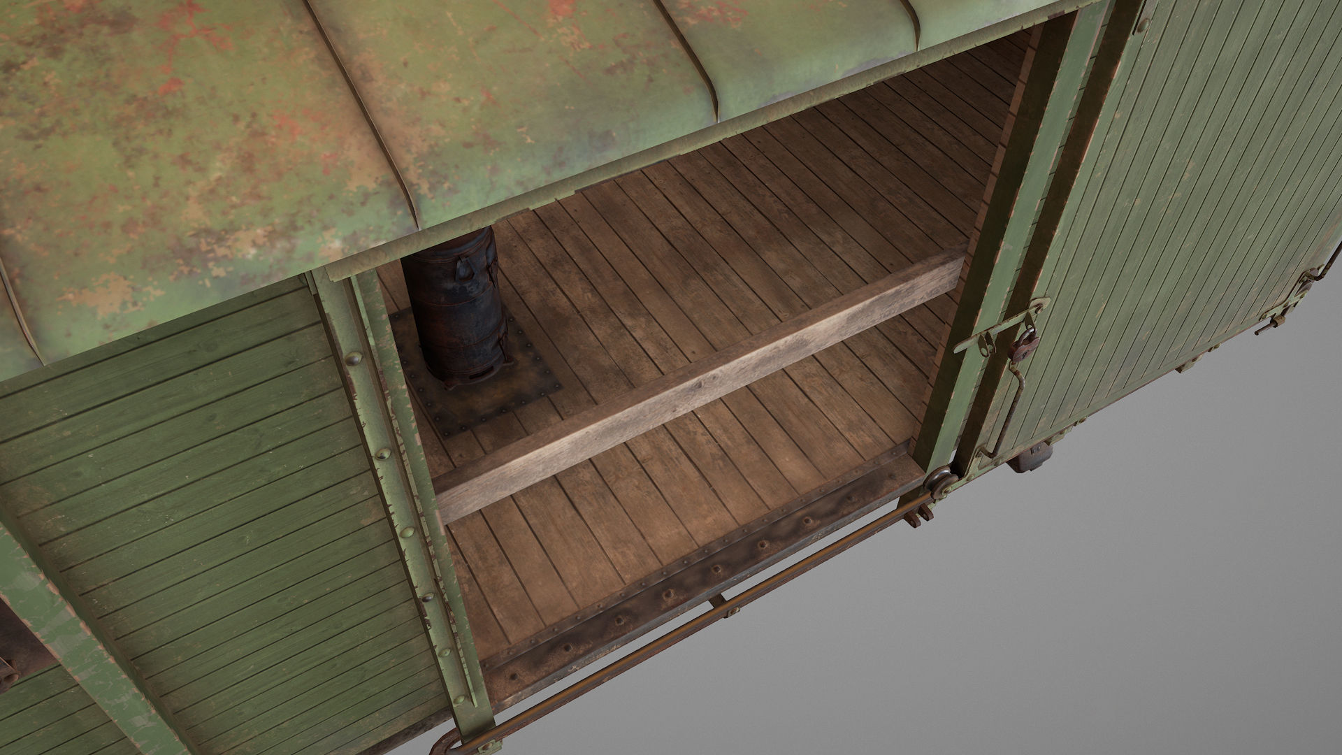 Railway Covered Goods Wagon 18T Vr2 Default Green Low-poly 3D model_17