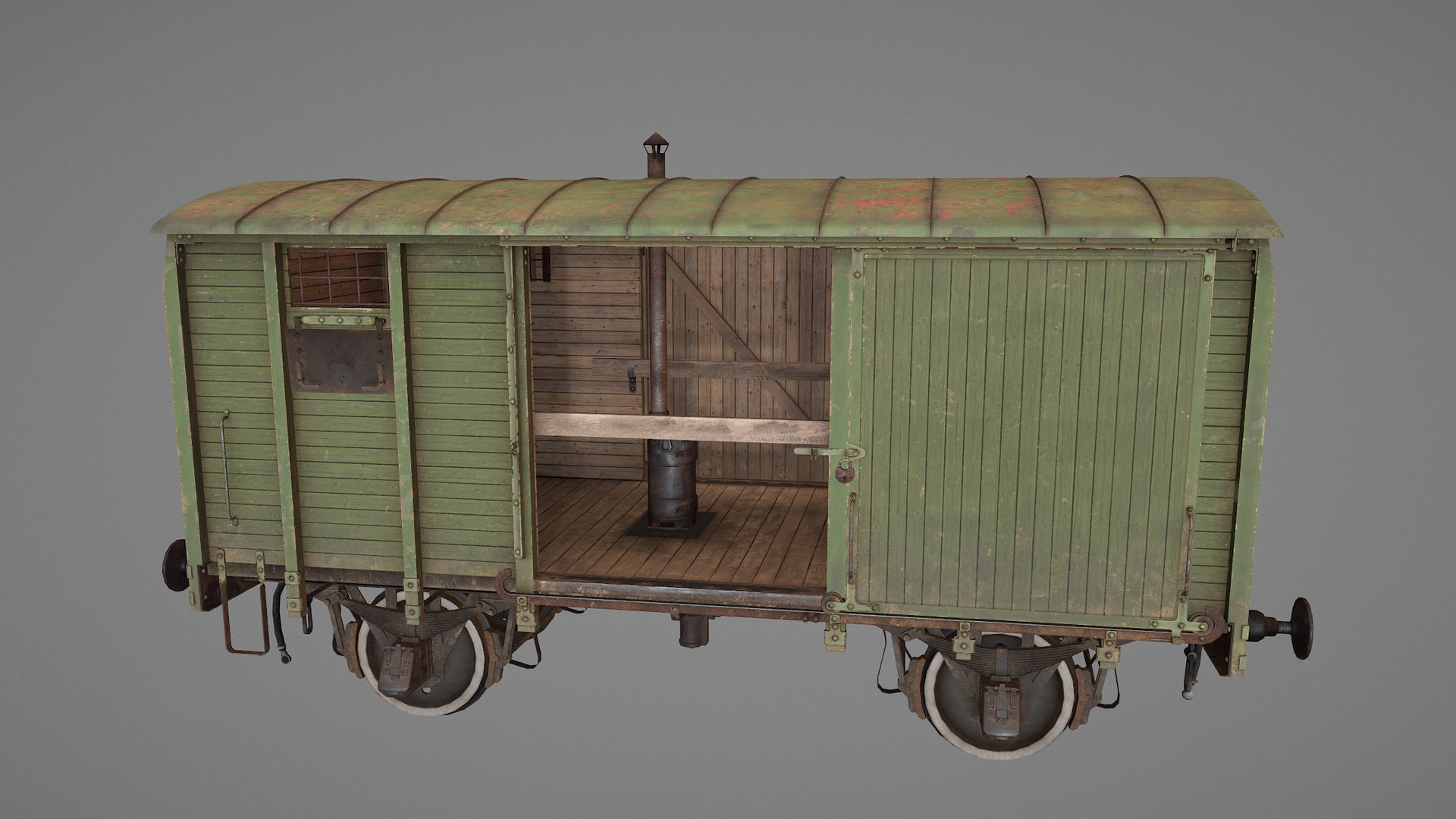 Railway Covered Goods Wagon 18T Vr2 Default Green Low-poly 3D model_11