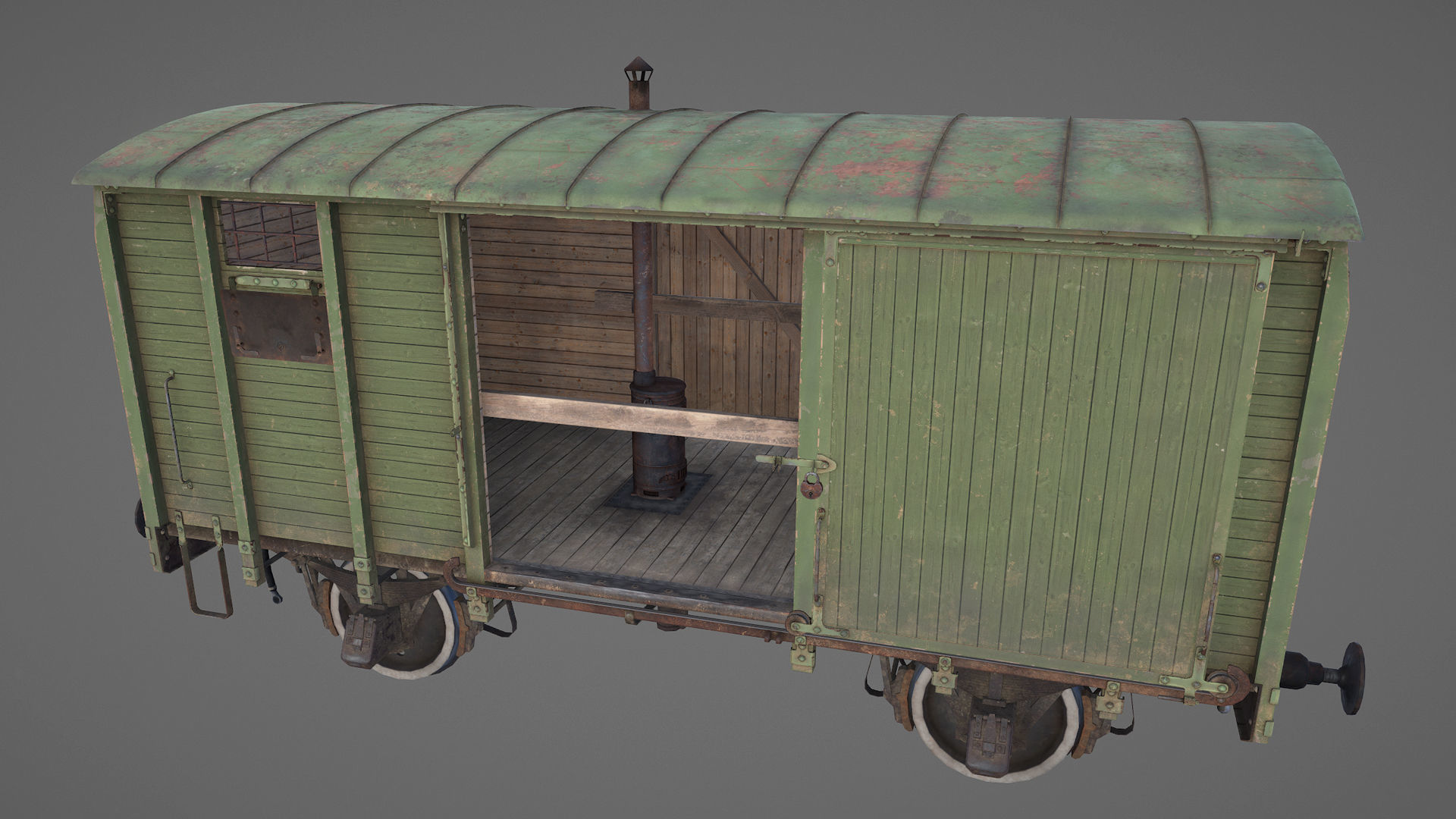 Railway Covered Goods Wagon 18T Vr2 Default Green Low-poly 3D model_18
