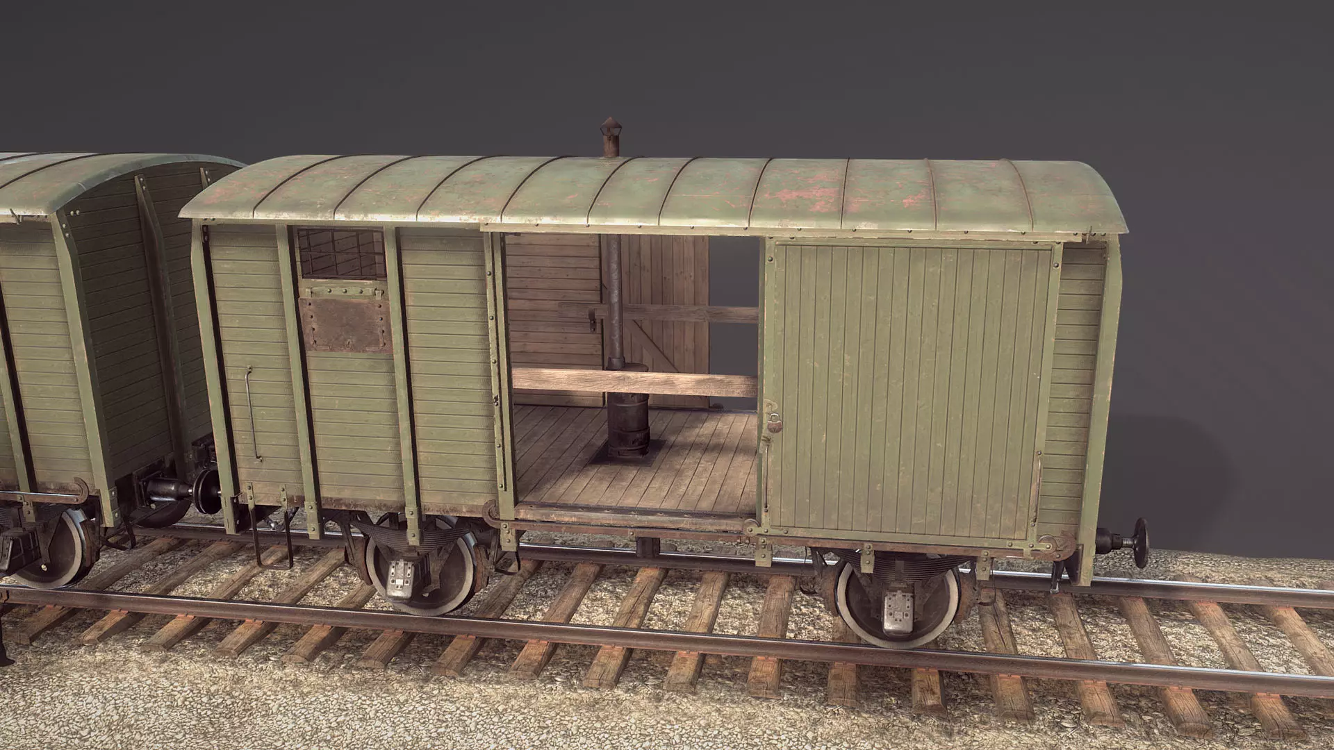 Railway Covered Goods Wagon 18T Vr2 Default Green Low-poly 3D model_0