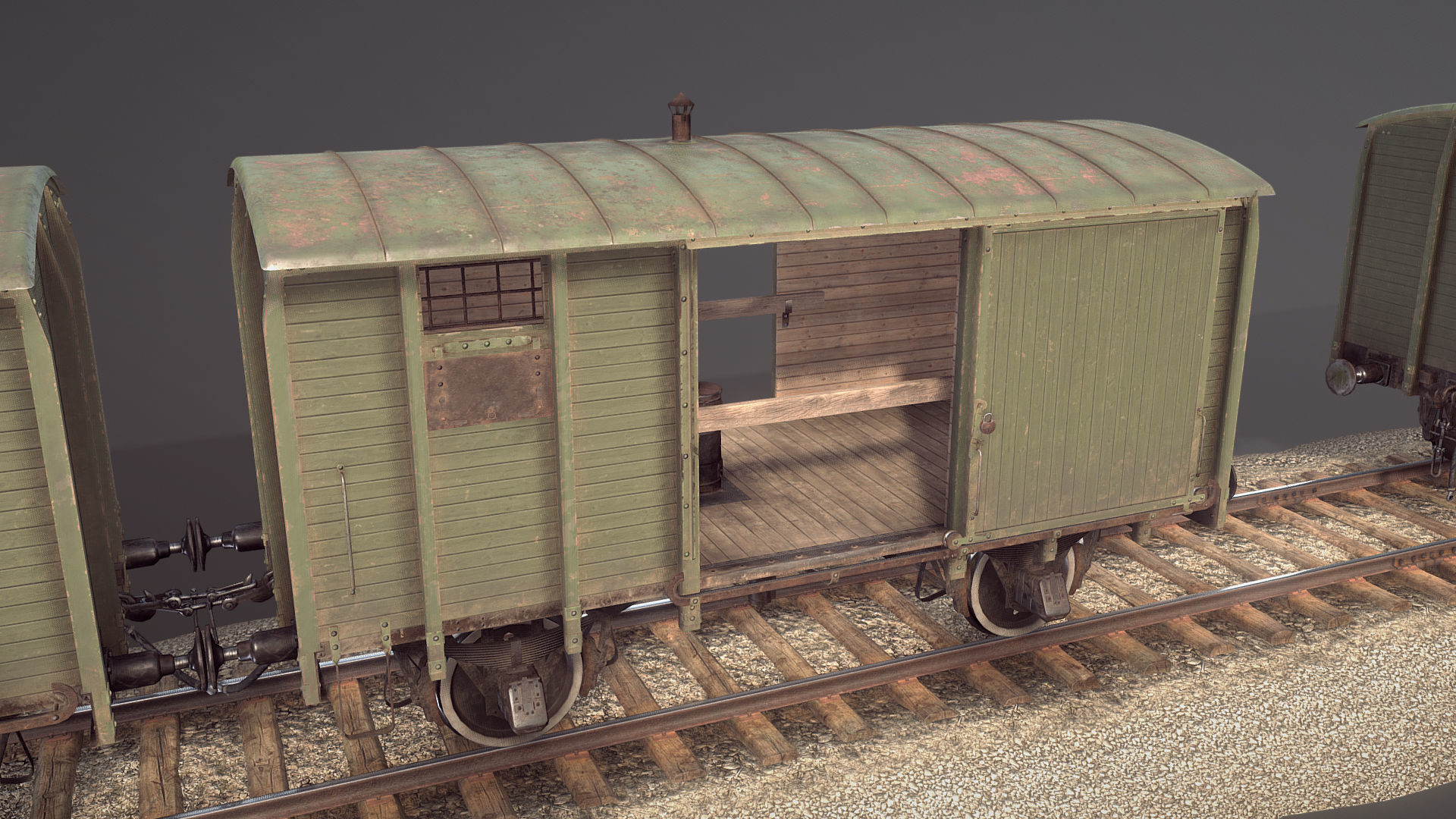 Railway Covered Goods Wagon 18T Vr2 Default Green Low-poly 3D model_1