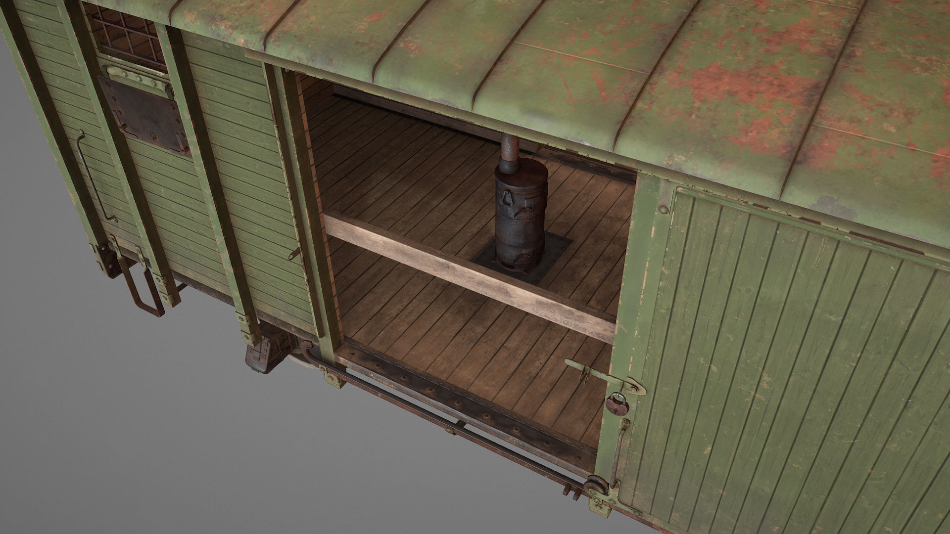 Railway Covered Goods Wagon 18T Vr2 Default Green Low-poly 3D model_16