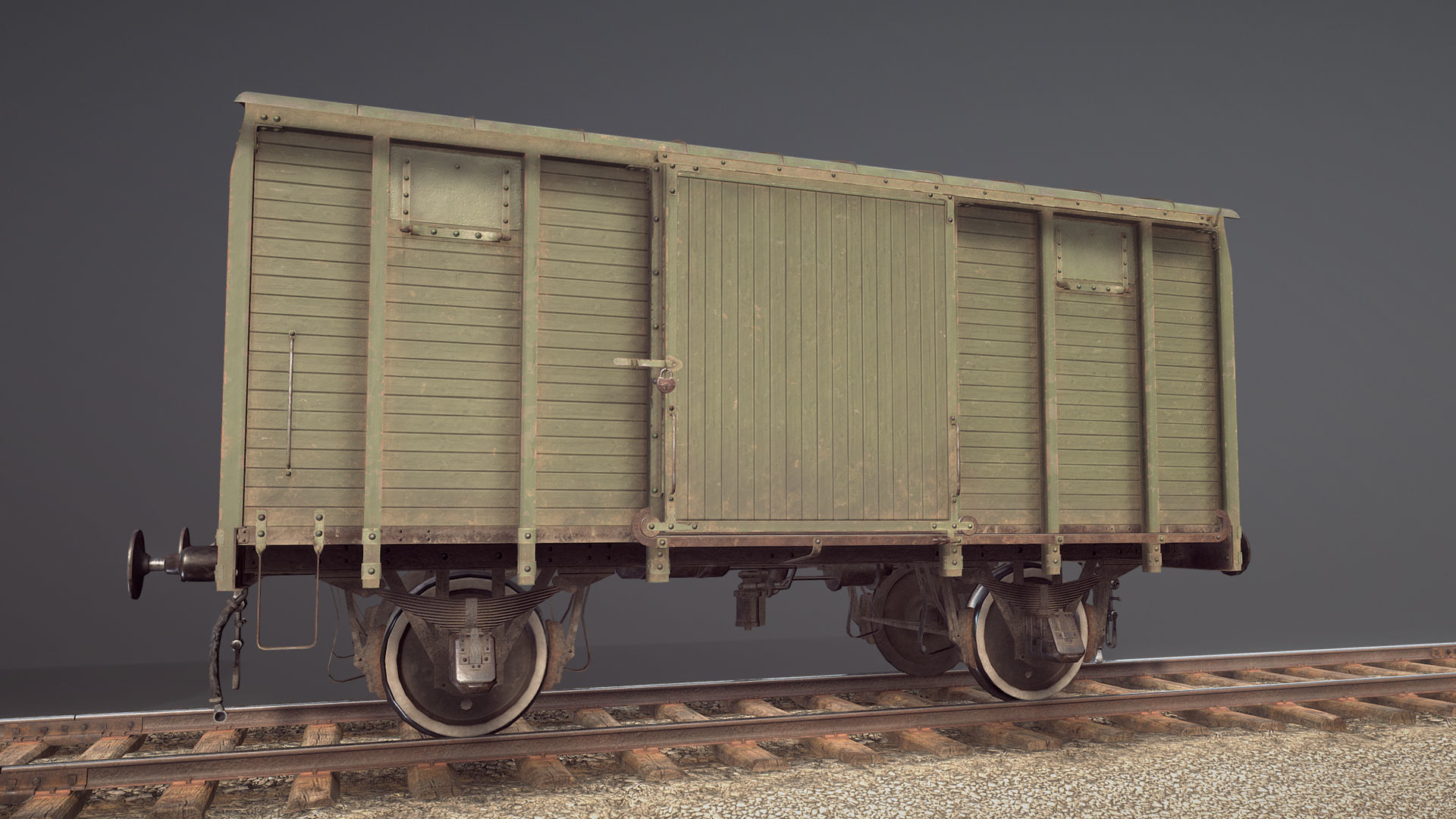 Railway Covered Goods Wagon 18T Vr2 Default Green Low-poly 3D model_4