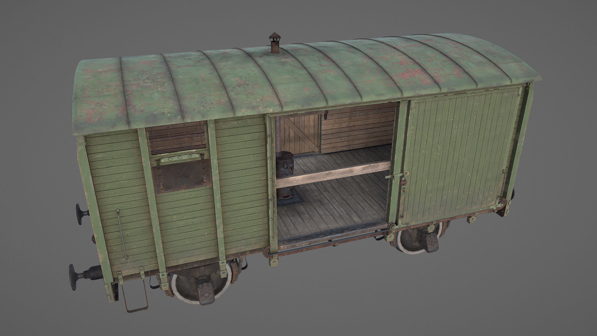 Railway Covered Goods Wagon 18T Vr2 Default Green Low-poly 3D model_19