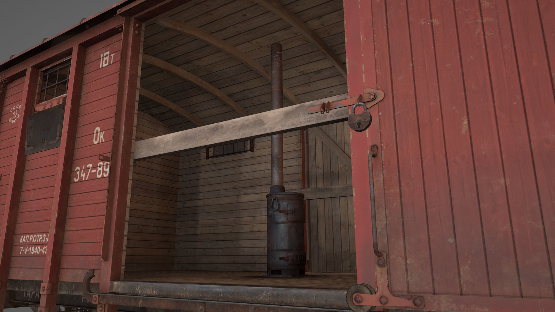 Railway Covered Goods Wagon 18T Vr3 Ok Red Low-poly 3D model_16