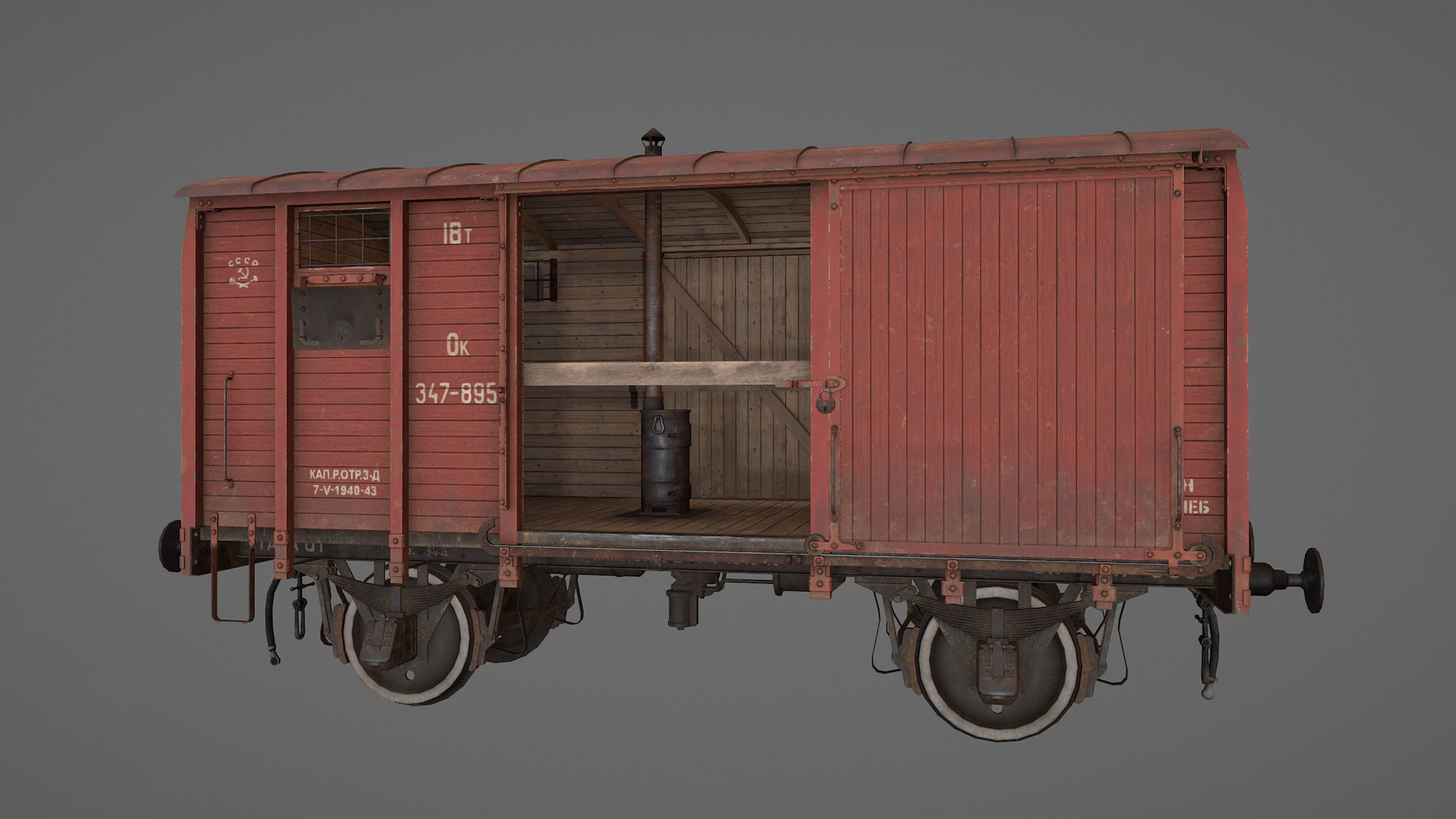 Railway Covered Goods Wagon 18T Vr3 Ok Red Low-poly 3D model_13