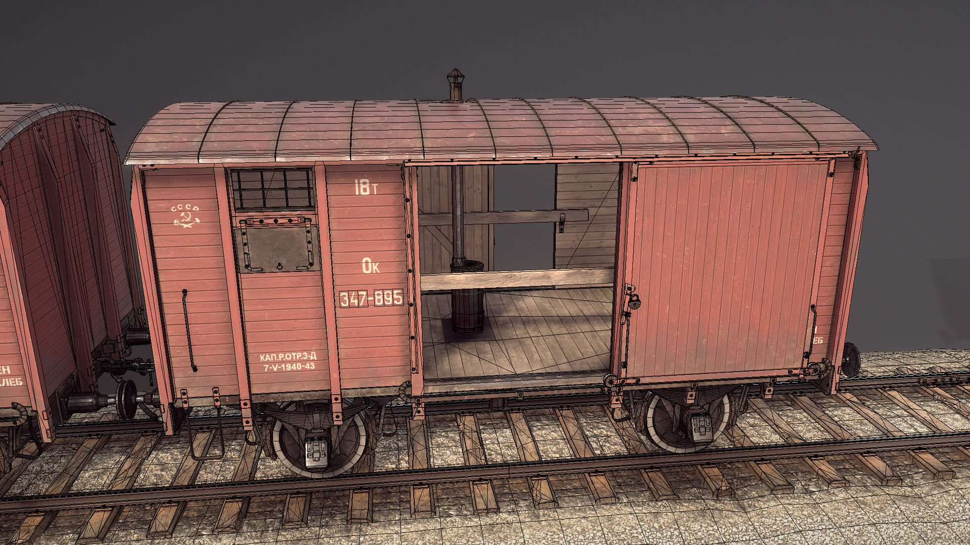 Railway Covered Goods Wagon 18T Vr3 Ok Red Low-poly 3D model_23