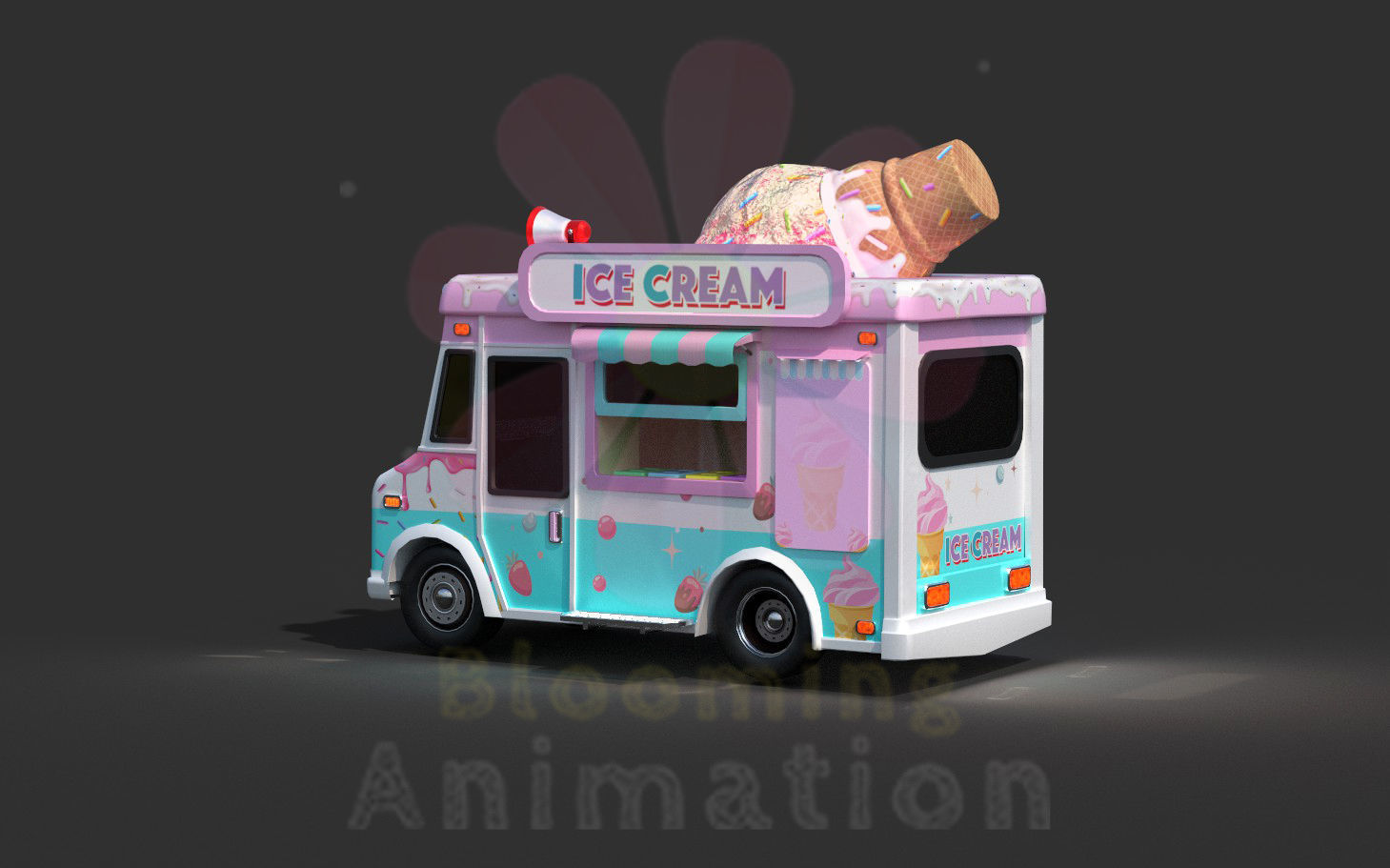 Low Poly Game Ready Ice-Cream Truck with PBR textures Low-poly 3D model_3