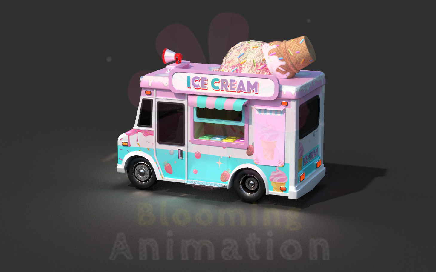 Low Poly Game Ready Ice-Cream Truck with PBR textures Low-poly 3D model_1