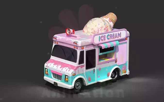 Low Poly Game Ready Ice-Cream Truck with PBR textures