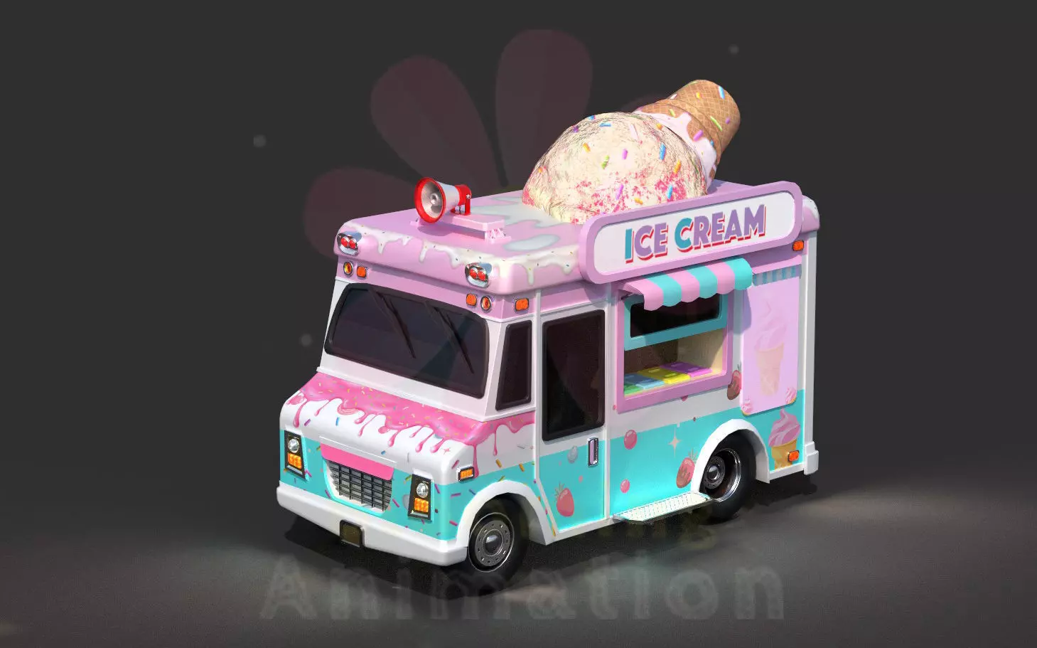 Low Poly Game Ready Ice-Cream Truck with PBR textures Low-poly 3D model_0