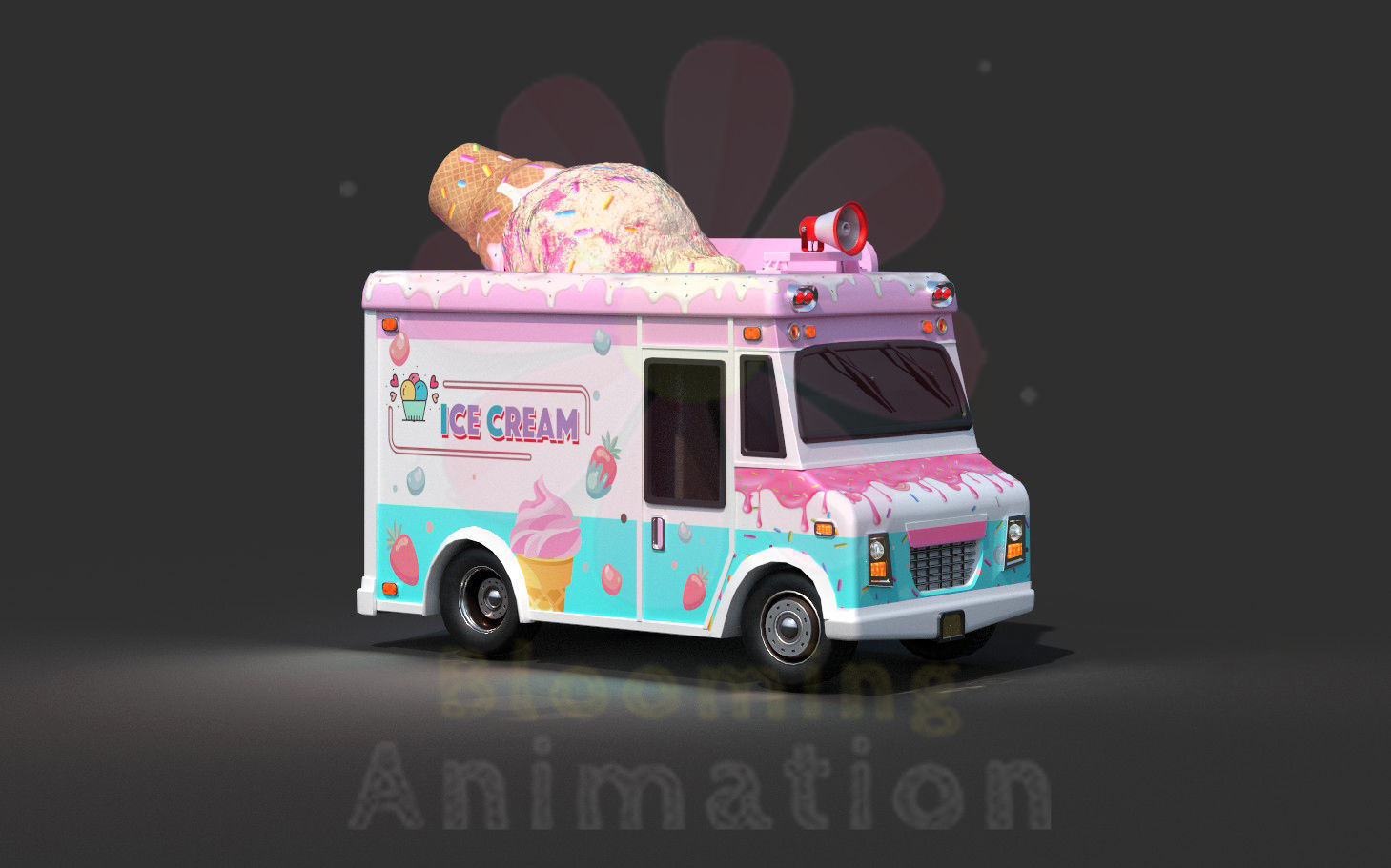 Low Poly Game Ready Ice-Cream Truck with PBR textures Low-poly 3D model_2