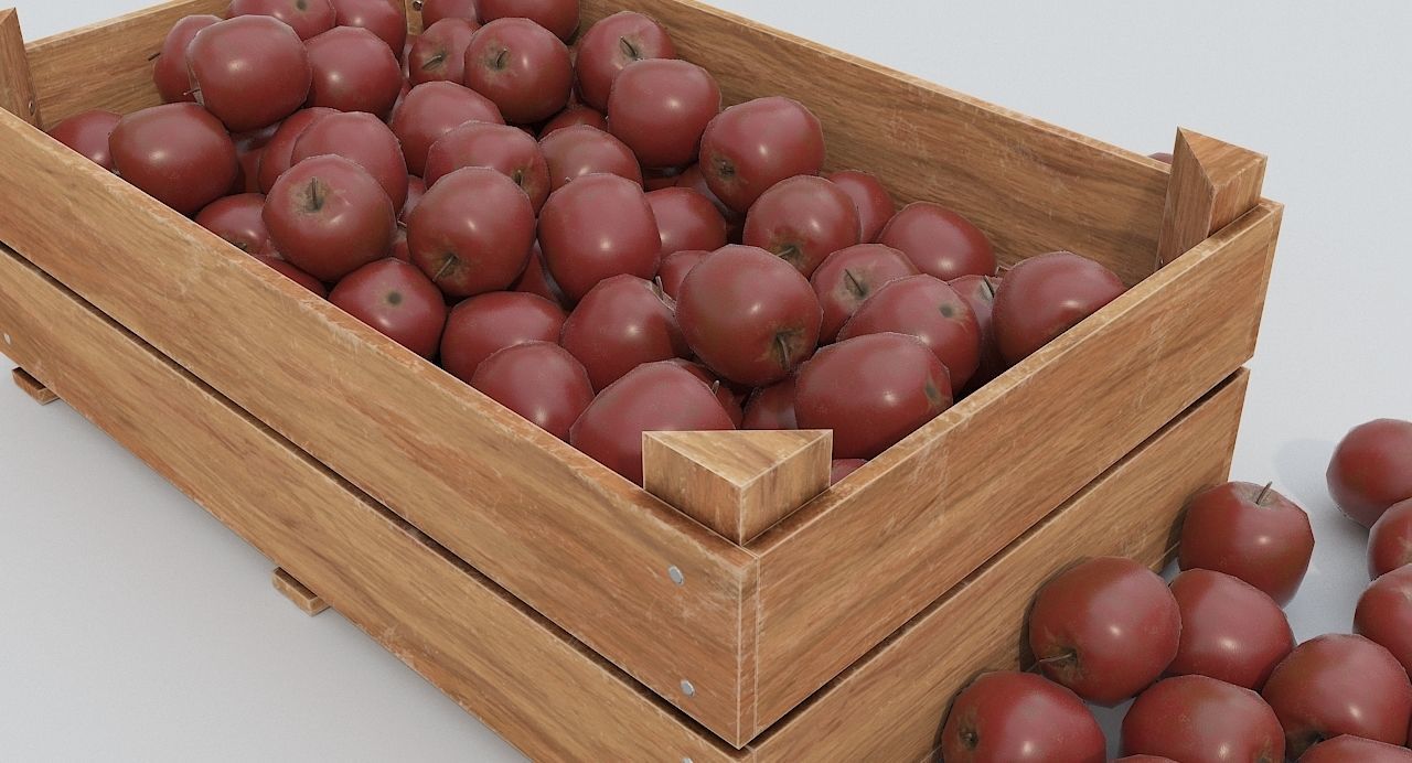 Wooden crate and red apples Low-poly 3D model_2