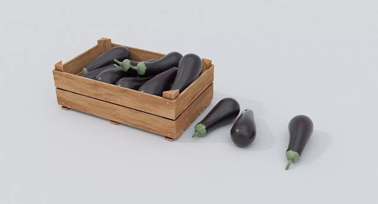 Wooden crate and eggplants Low-poly 3D model
