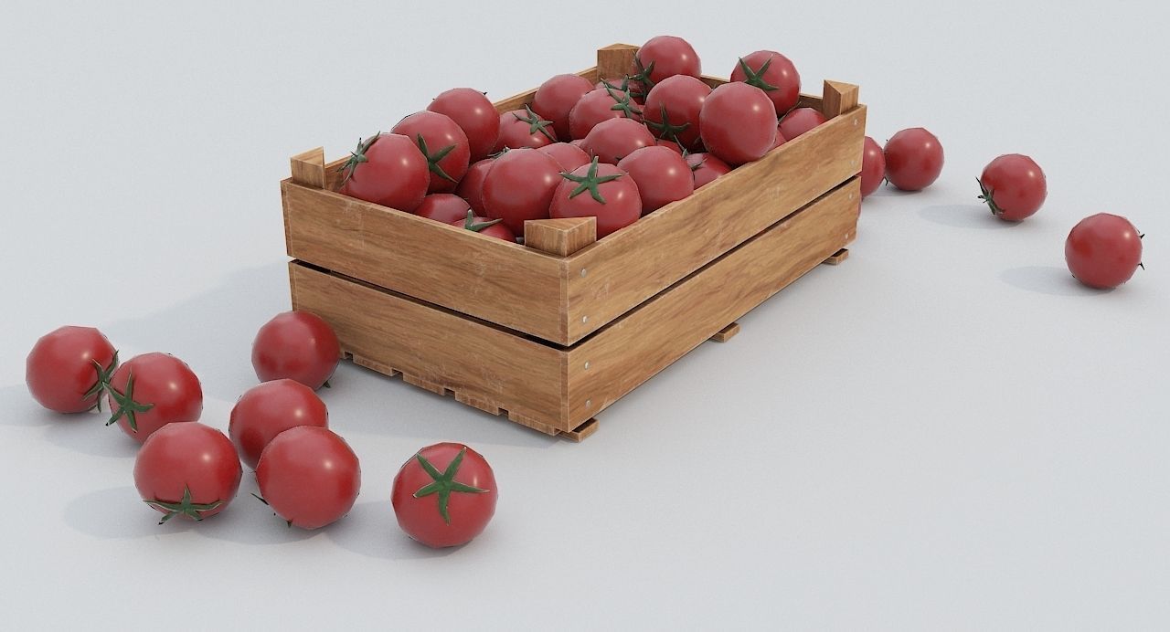 Wooden crate and tomatoes Low-poly 3D model_1