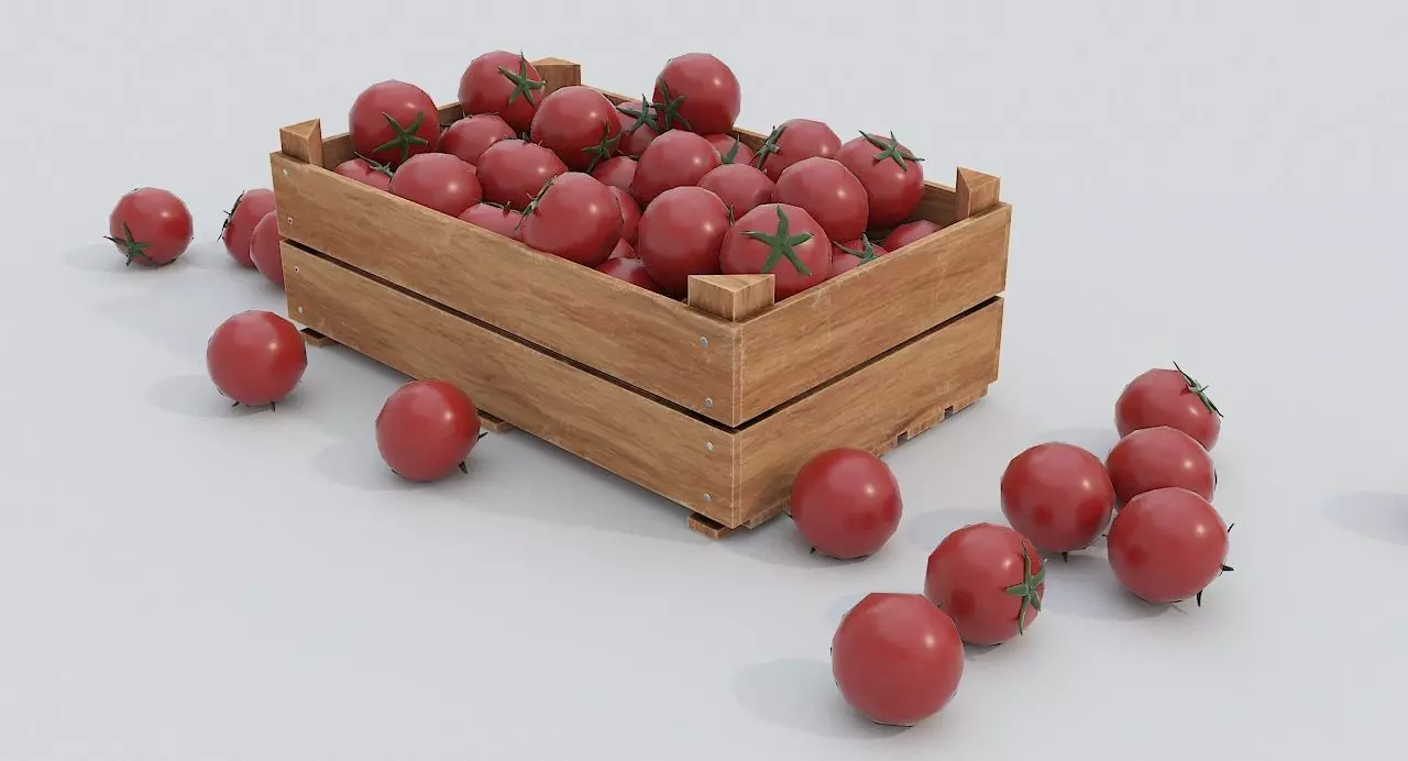 Wooden crate and tomatoes Low-poly 3D model_0