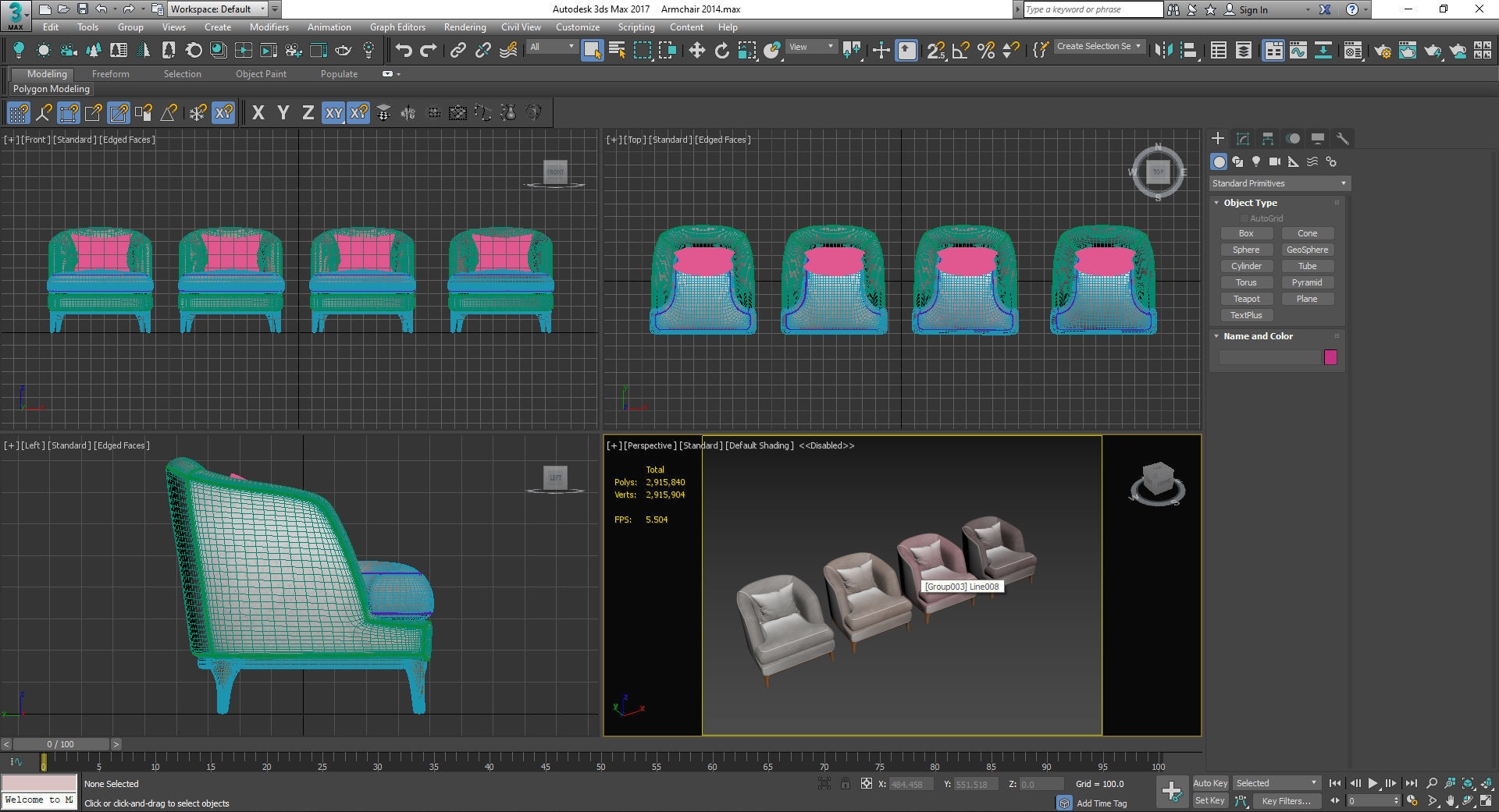 Armchair velvet chair with wooden legs Low-poly 3D model_7