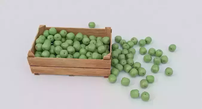 Wooden crate and green apples