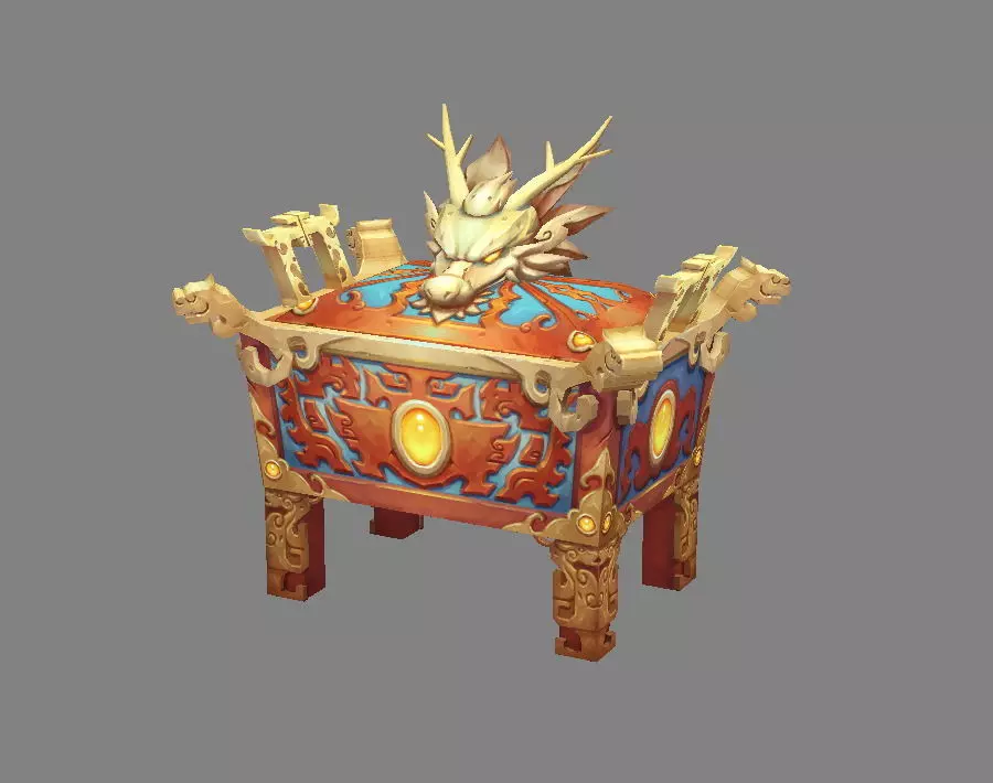 Cartoon Golden Dragon Treasure Box - Bronze Tripod Low-poly 3D model_0