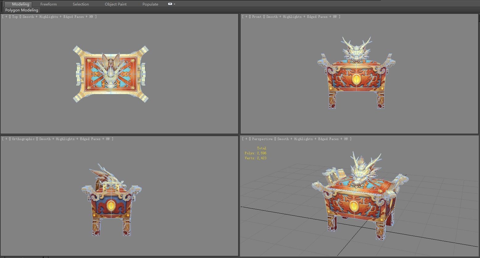 Cartoon Golden Dragon Treasure Box - Bronze Tripod Low-poly 3D model_4