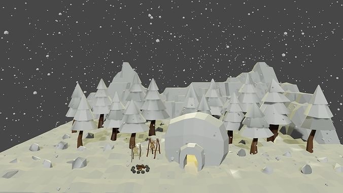 Winter Set snowy landscape with trees and snow 3D model