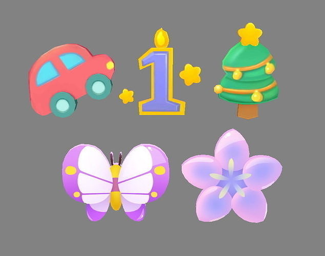 Cartoon icon - car-number1-Christmas tree-butterfly-flower Low-poly 3D model