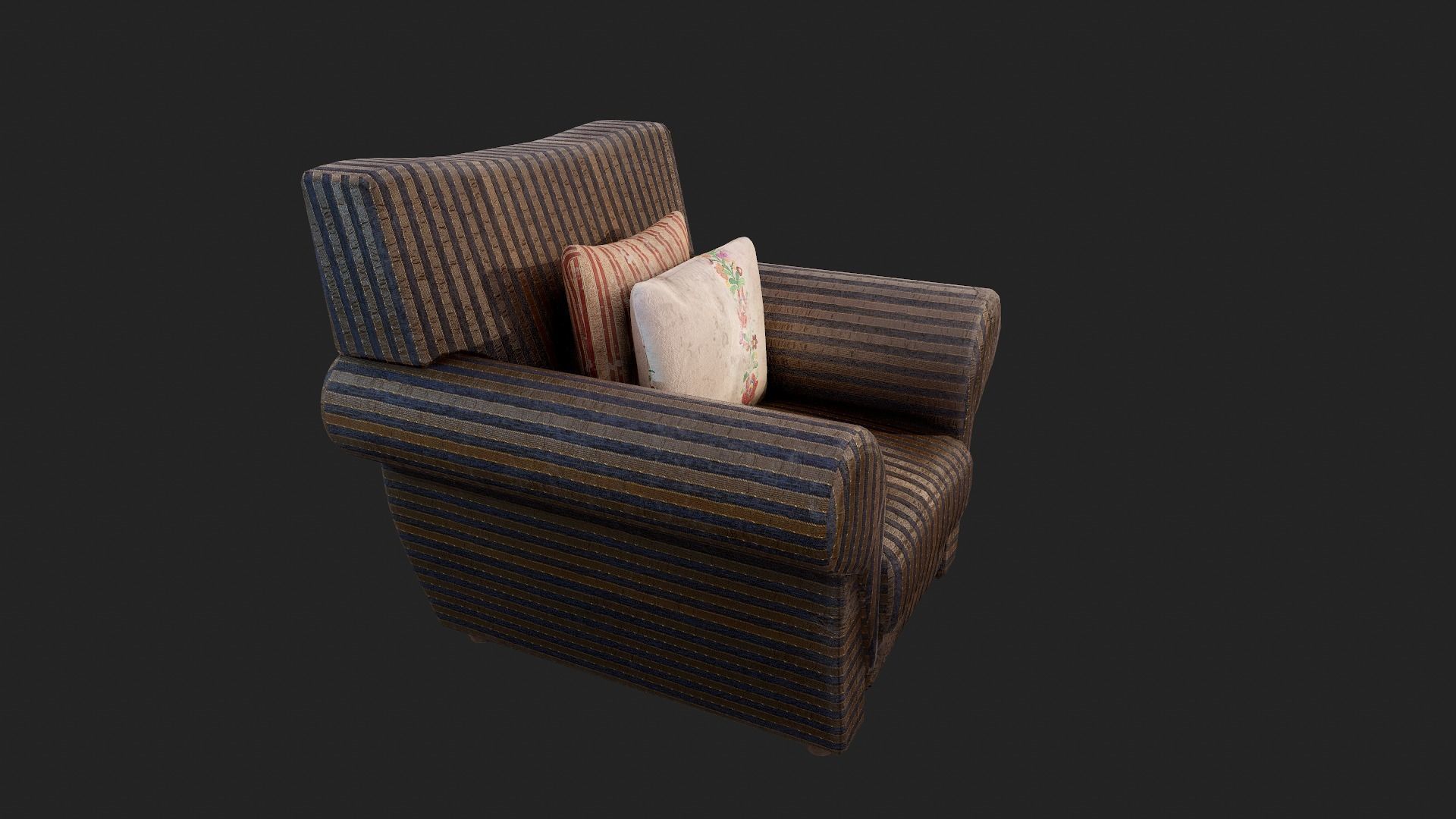 Old Fabric Armchair with Pillows Low-poly 3D model_6