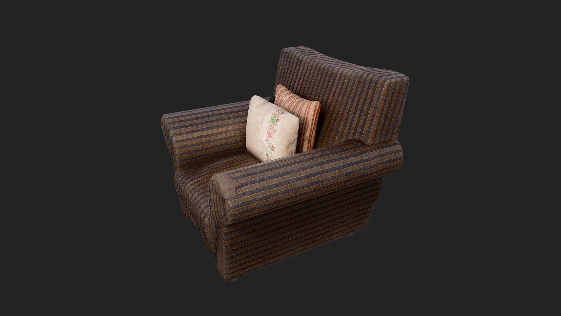 Old Fabric Armchair with Pillows Low-poly 3D model_5