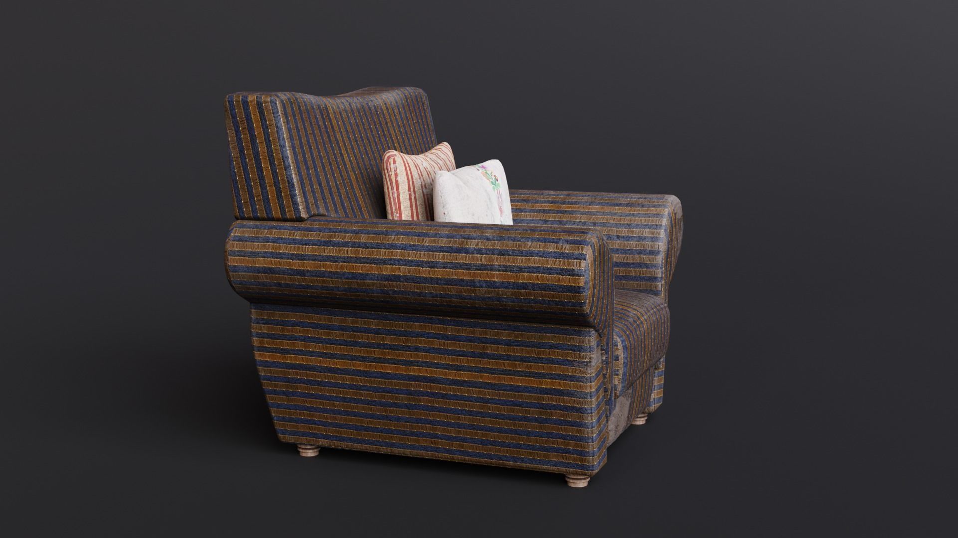 Old Fabric Armchair with Pillows Low-poly 3D model_2