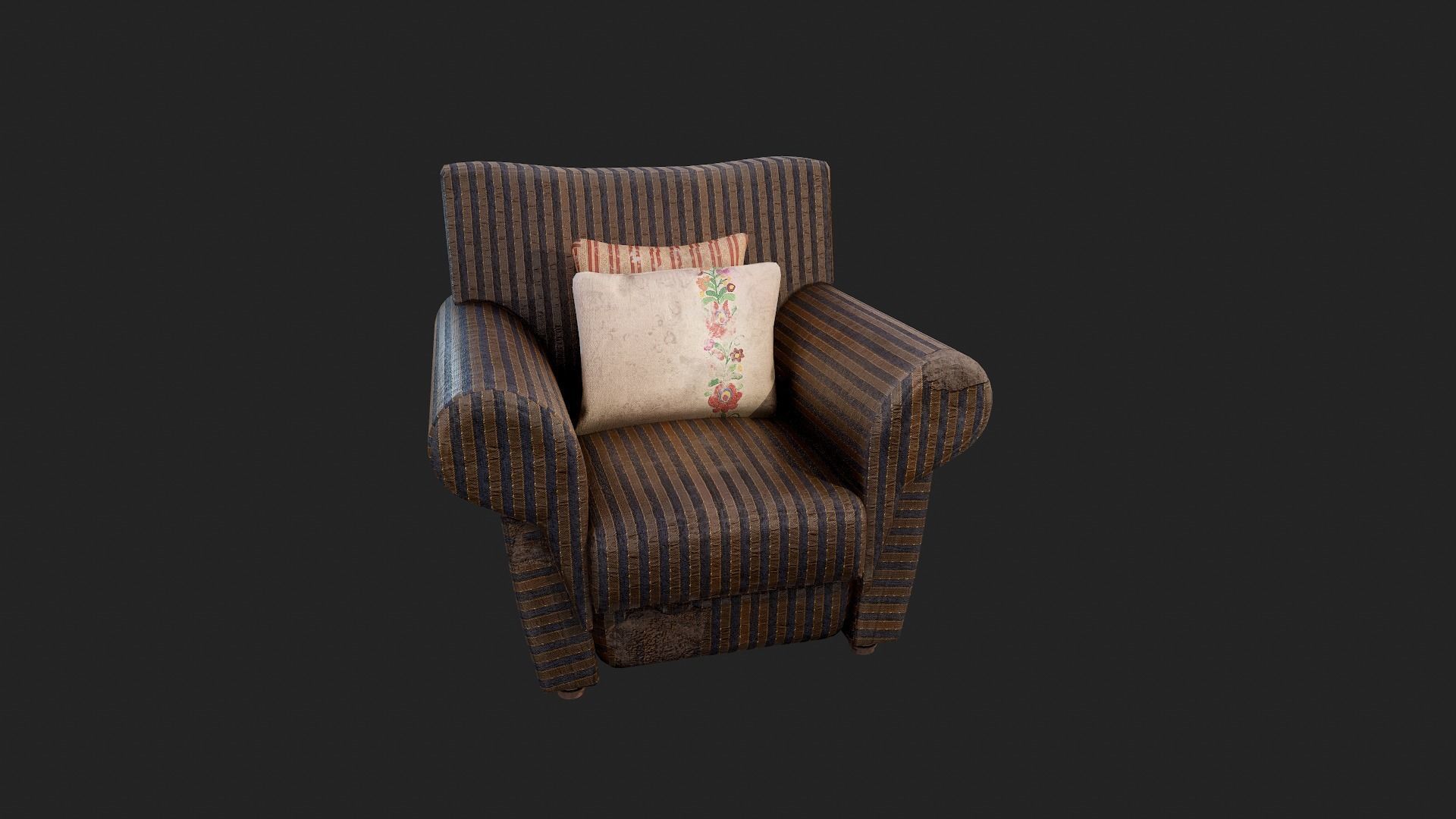Old Fabric Armchair with Pillows Low-poly 3D model_4