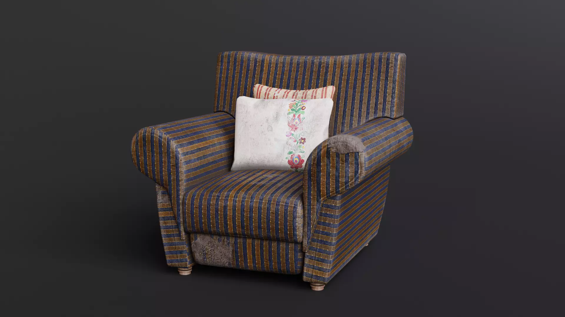Old Fabric Armchair with Pillows Low-poly 3D model_0