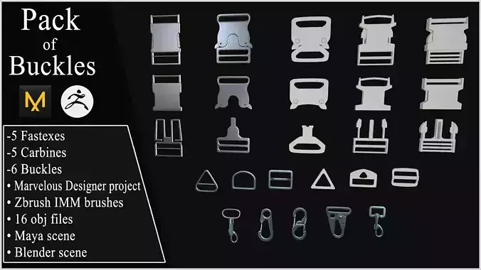 Pack of Buckles  Marvelous Designer project and Zbrush IMM 3D model