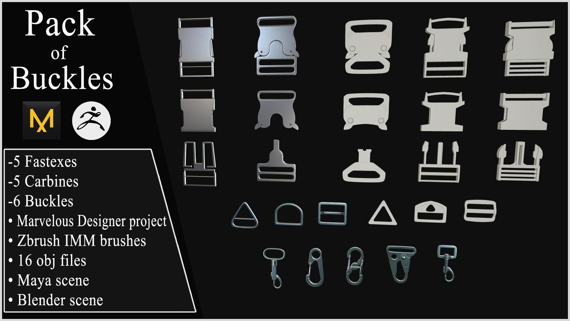 Pack of Buckles Marvelous Designer project and Zbrush IMM
