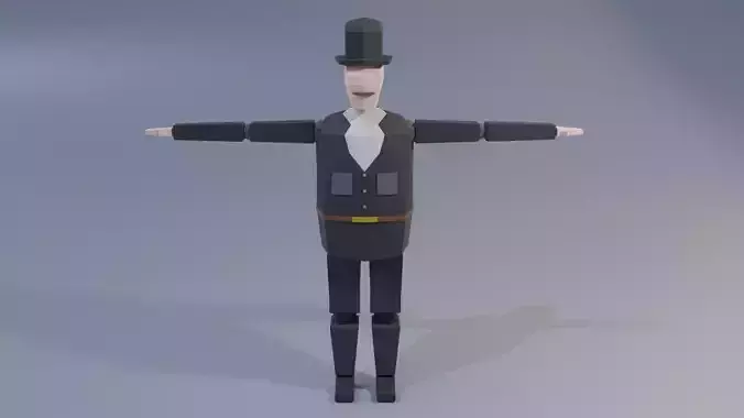 Low poly Agent man in suit and top hat