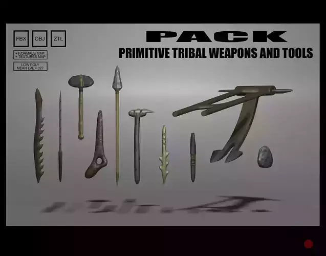 PACK of Primitive tribal weapons and tools Low-poly 3D model