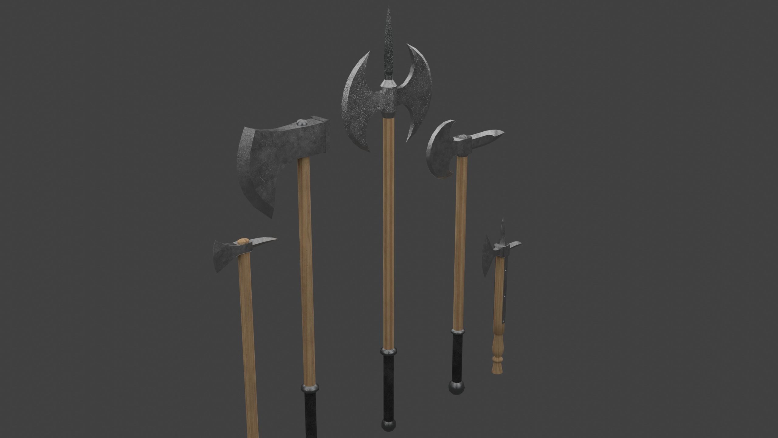Set of Five Battle Axes Low-poly 3D model_4