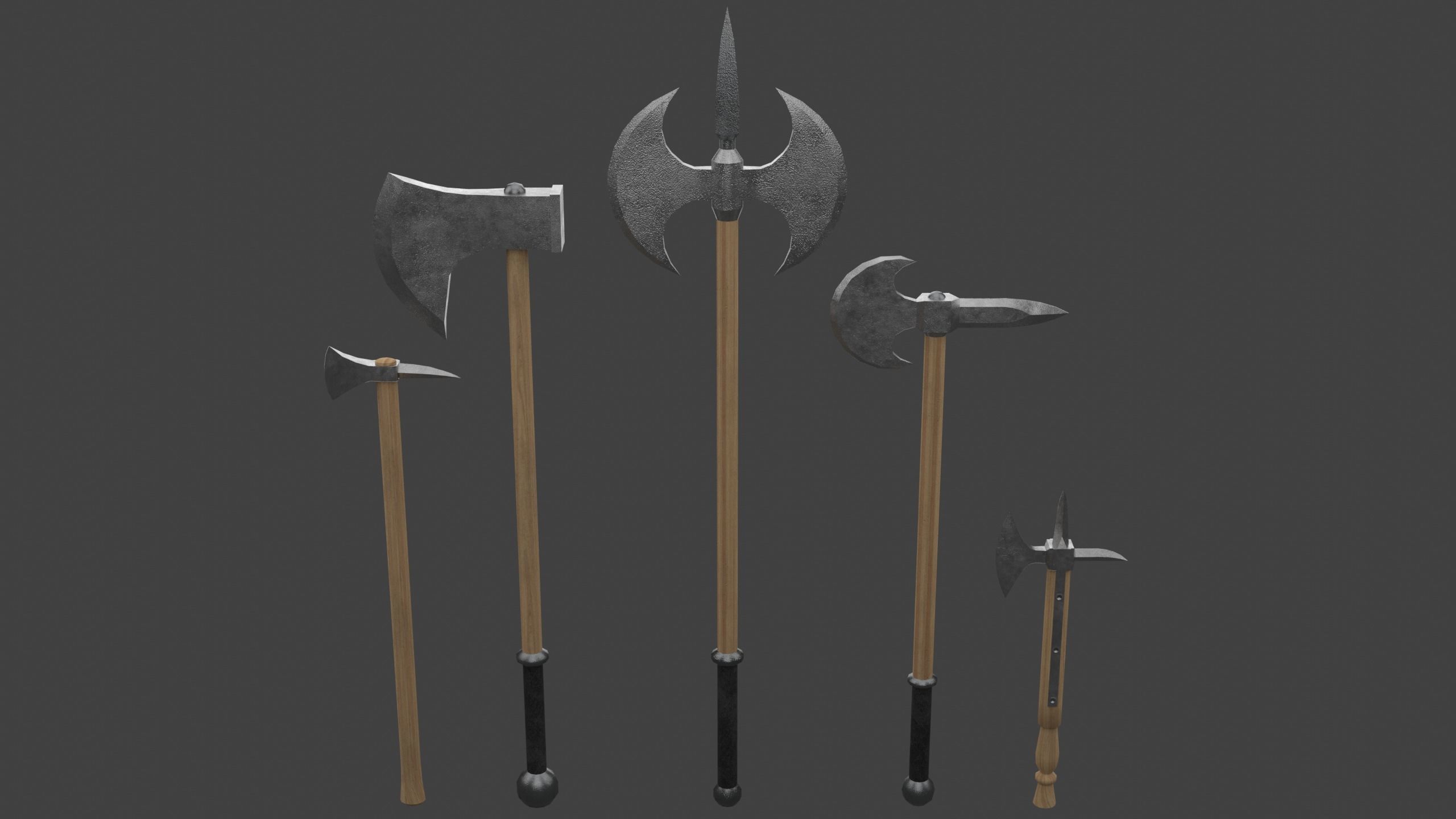 Set of Five Battle Axes Low-poly 3D model_1