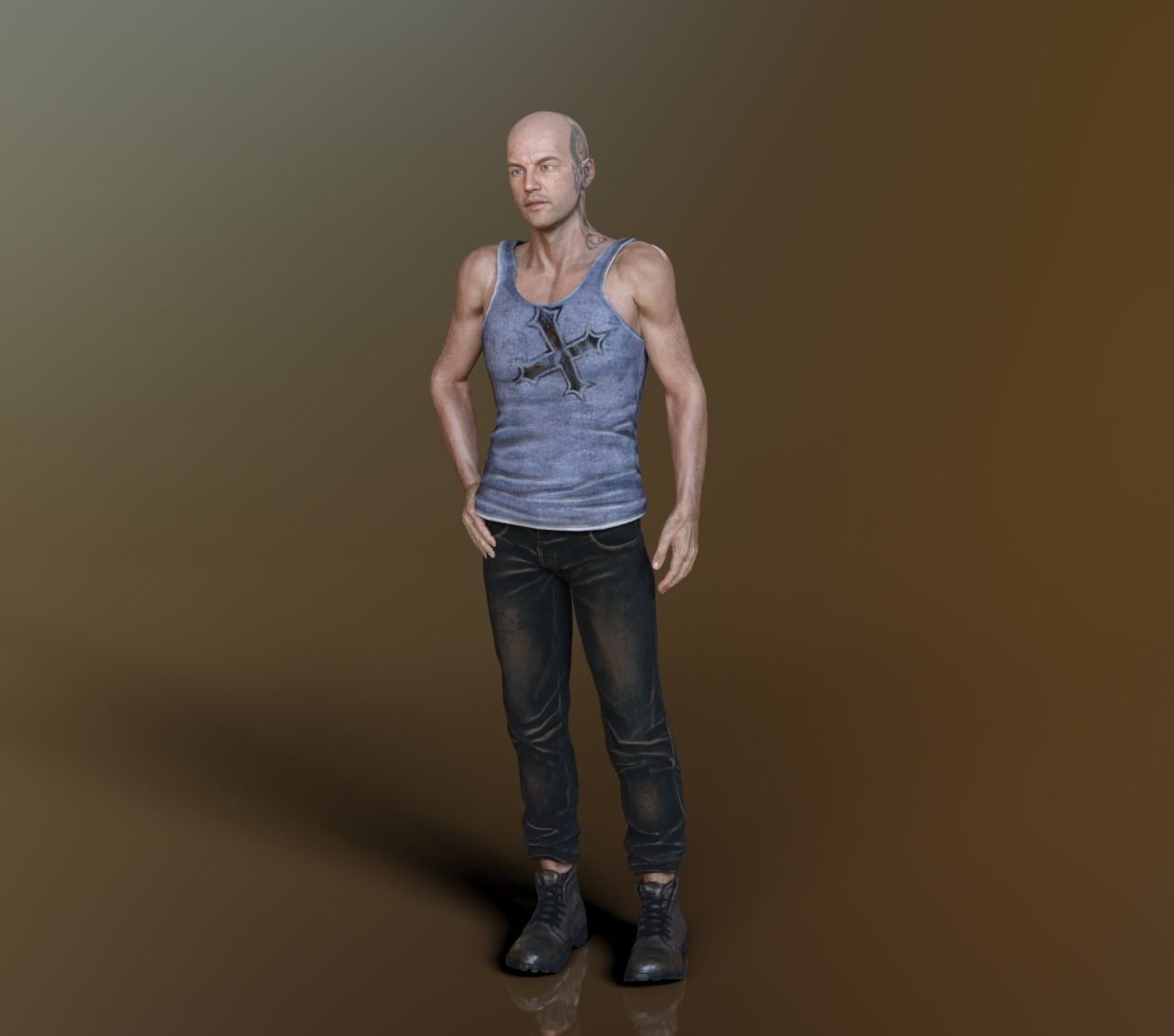 Realistic Human bald man in tank top and jeans 3D model_1