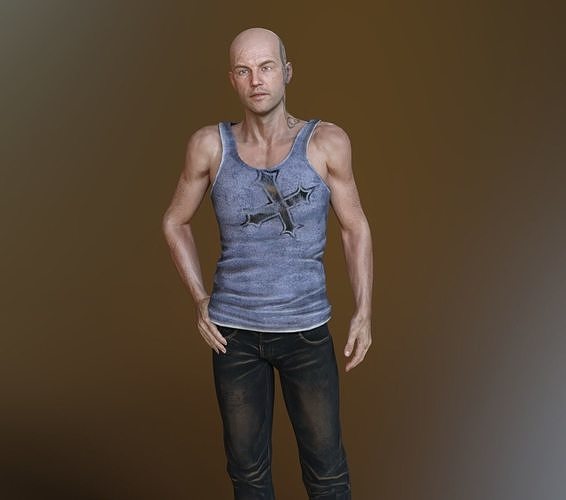 Realistic Human bald man in tank top and jeans 3D model