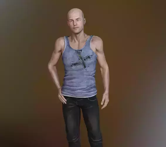 Realistic Human bald man in tank top and jeans 3D model