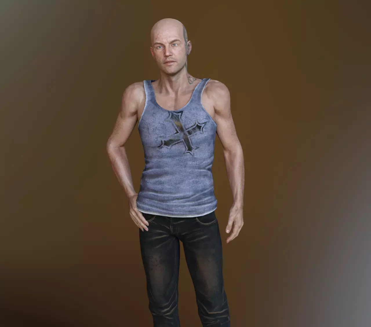 Realistic Human bald man in tank top and jeans 3D model_0