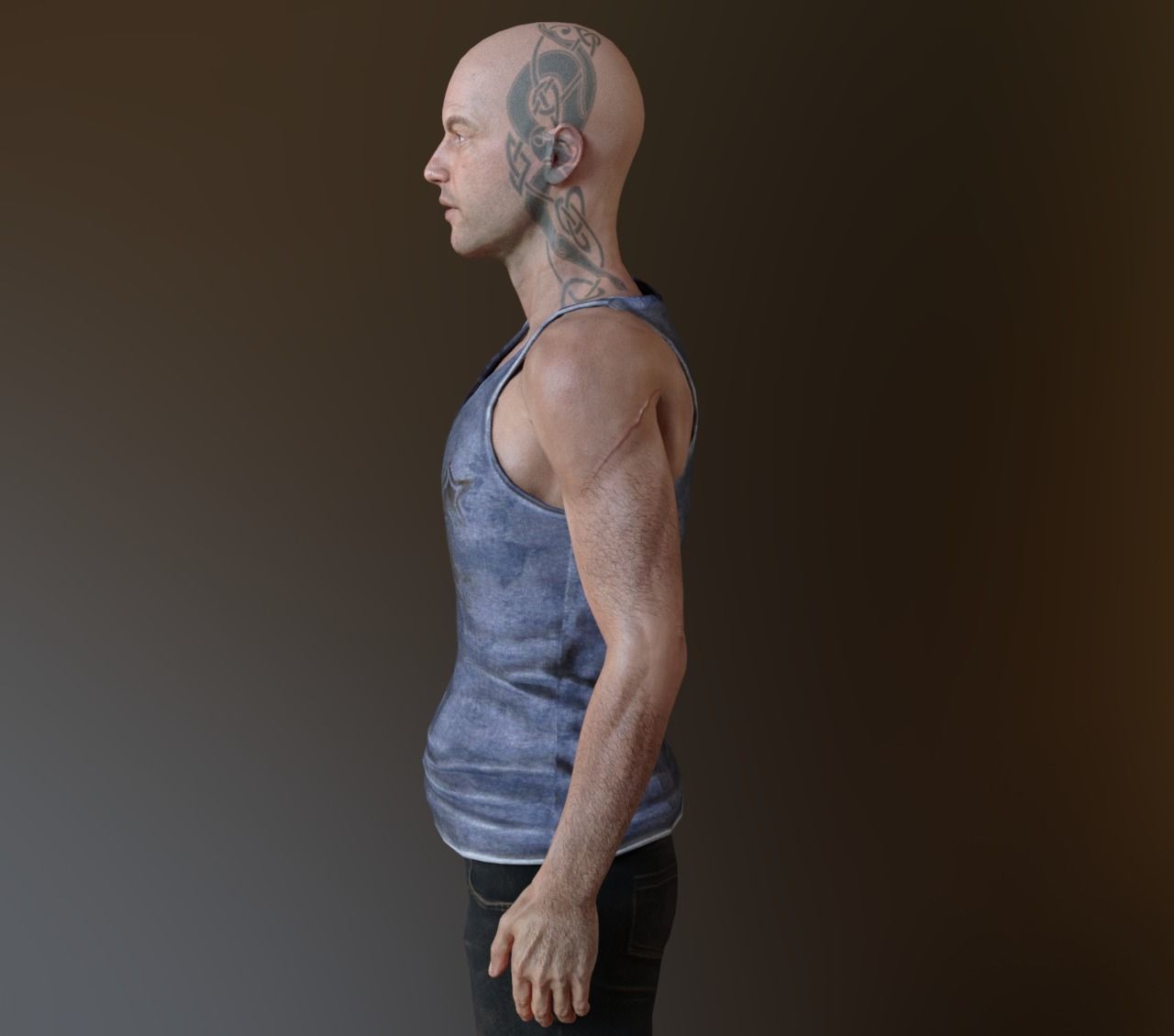 Realistic Human bald man in tank top and jeans 3D model_4