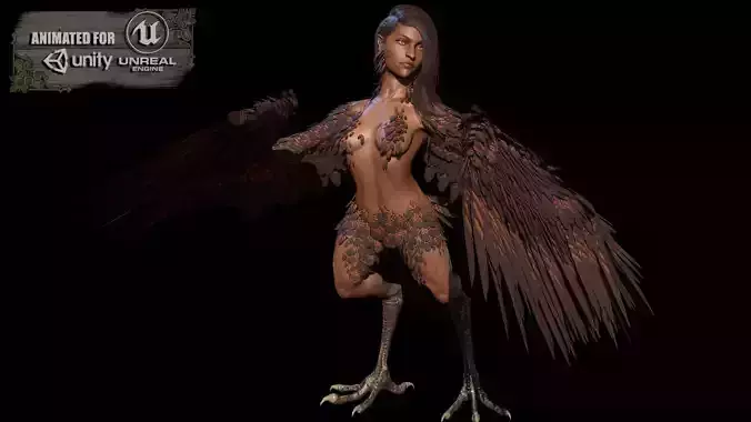 HarpyGameReady female bird with wings Low-poly 3D model