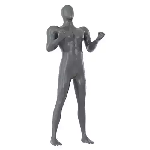Gray male mannequin stands with clenched fists 145