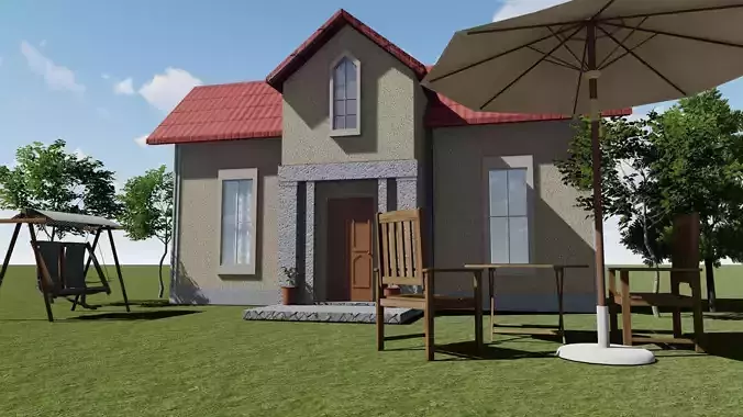 Exterior Country House With Garden  Low-poly 3D model