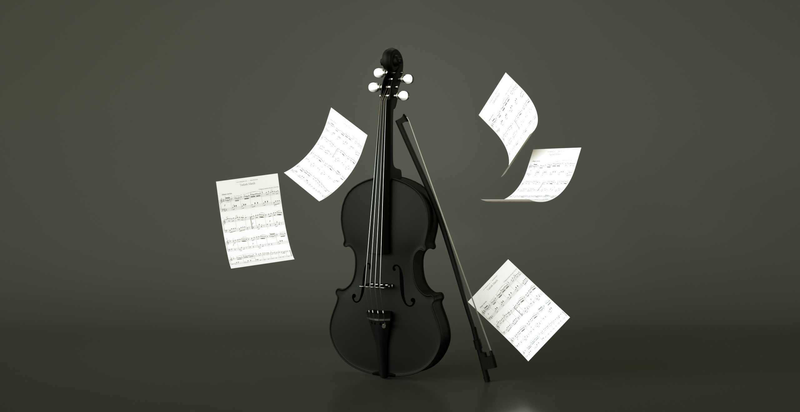 Violin 3D Model with music sheets floating in air Low-poly 3D model_1
