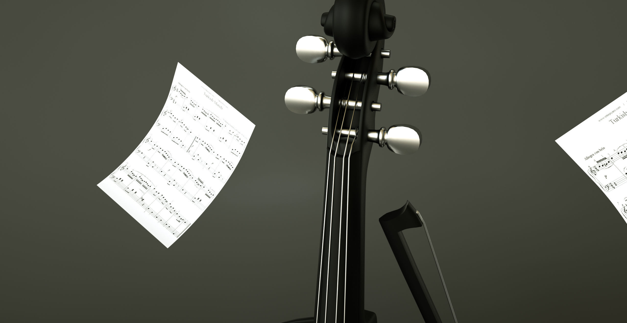 Violin 3D Model with music sheets floating in air Low-poly 3D model_4