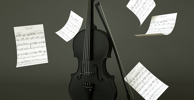 Violin 3D Model with music sheets floating in air Low-poly 3D model