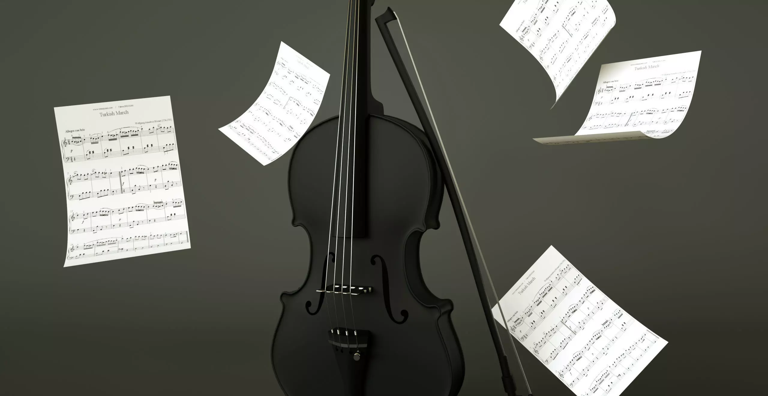 Violin 3D Model with music sheets floating in air Low-poly 3D model_0